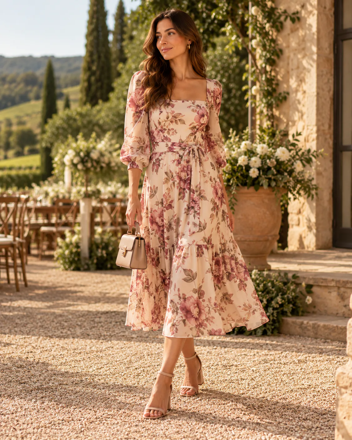 Look para casamento de dia no campo com vestido floral midi, bolsa pequena e sandália de salto bloco